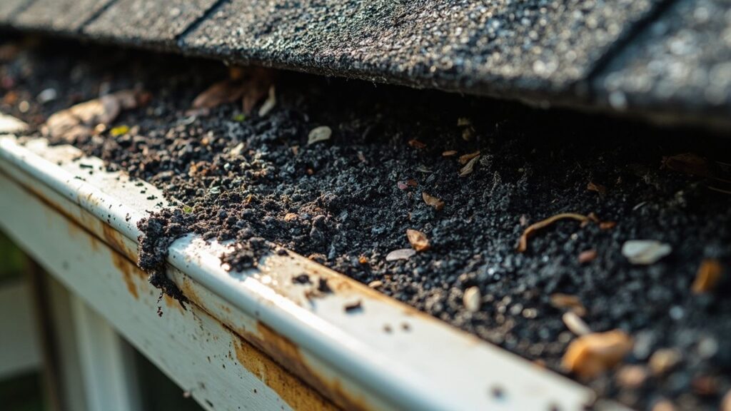 curling shingles, granules collected in a gutter